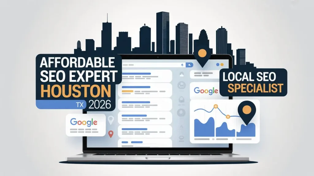 Houston Small Business SEO: What $900/Month Gets Your Texas Business in 2026 Affordable SEO expert Houston TX dashboard showing Google search results, analytics, and local SEO specialist tools