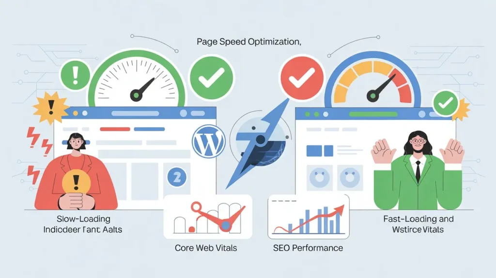 Slow Website Speed: How It Kills Your Google Rankings and Sales in 2026 comparison of slow vs fast WordPress website before and after page speed optimization and core web vitals improvement