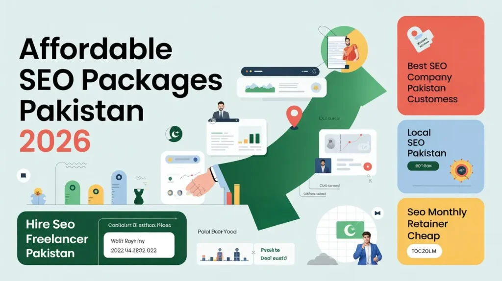 Pakistan SEO Packages 2026: What PKR 25,000 Actually Buys Your Business Best affordable SEO packages Pakistan 2026 showing digital marketing growth, local SEO strategies, and monthly SEO retainers