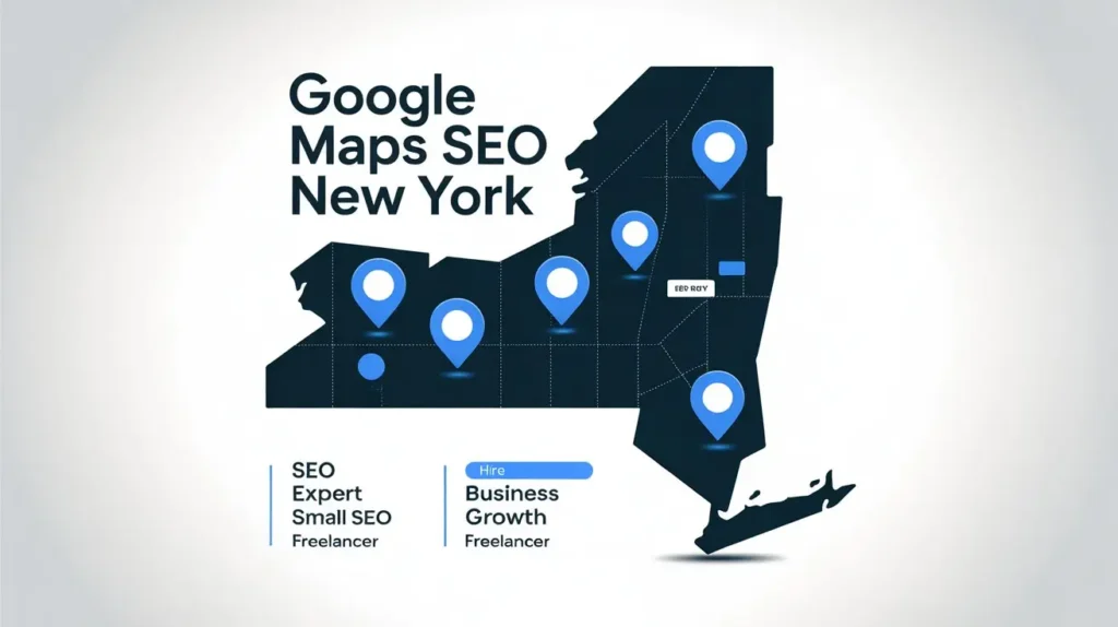 Google Maps SEO in New York for business growth, map showing locations of businesses optimized for local search, with SEO expert services available