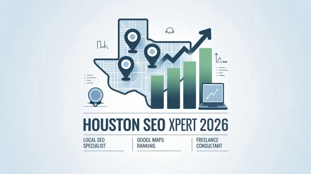 Houston Small Business SEO: What $900/Month Gets Your Texas Business in 2026 Houston SEO expert 2026 showing local SEO growth chart and Google Maps ranking improvement with location pins