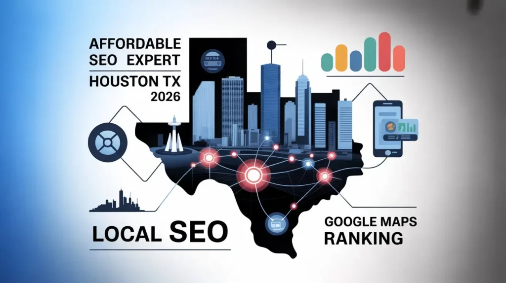 Houston Small Business SEO: What $900/Month Gets Your Texas Business in 2026 Local SEO Houston TX infographic showing network connections and Google Maps ranking strategy for businesses