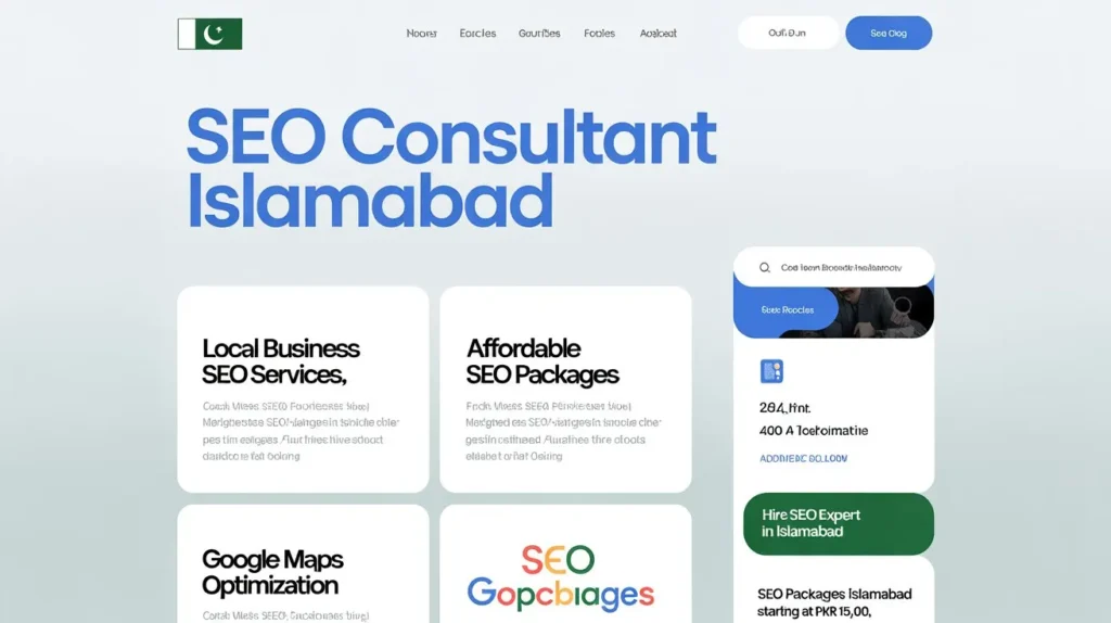 SEO consultant Islamabad website layout showcasing local business SEO services, Google Maps optimization, and affordable SEO packages