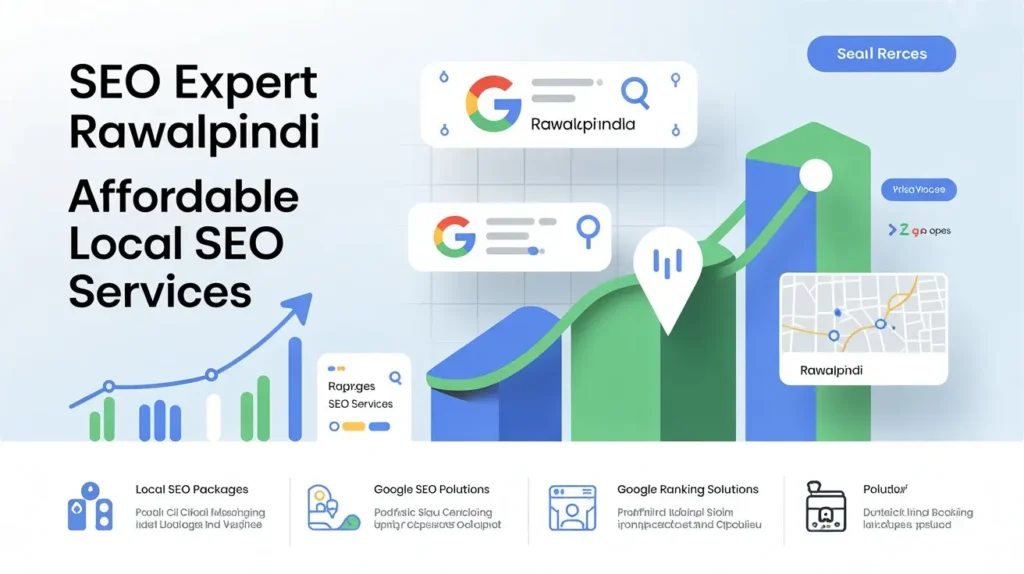 SEO Expert Rawalpindi: What PKR 30,000 Gets Your Small Business in 2026 SEO expert Rawalpindi infographic showing Google ranking growth, local SEO performance, and business visibility improvement