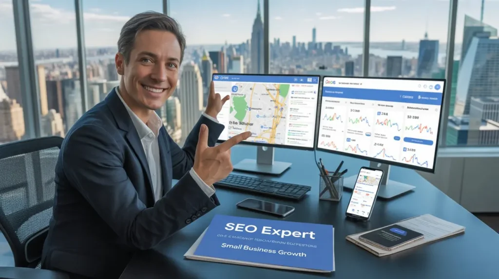 Professional SEO expert in New York helping small businesses with Google Maps SEO, showcasing the ranking data and growth reports on screens