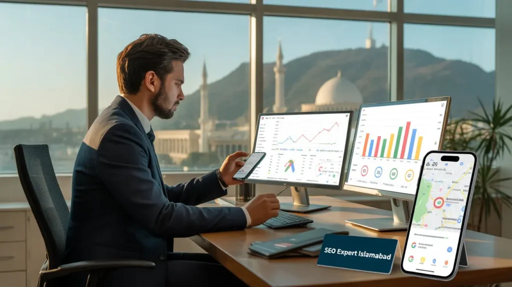 SEO services Islamabad workspace setup with multiple screens showing analytics dashboards and Google ranking data