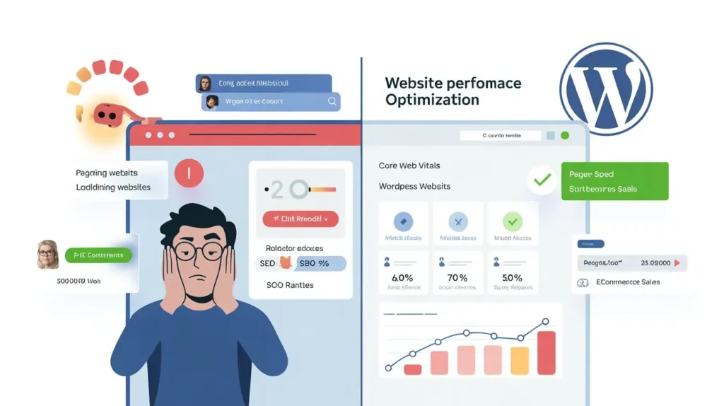 Slow Website Speed: How It Kills Your Google Rankings and Sales in 2026 frustrated user facing slow loading WordPress website with poor page speed optimization and low SEO score