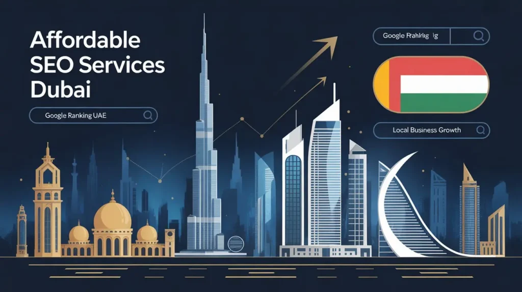 Affordable SEO services in Dubai showing UAE skyline and Google ranking growth for businesses
