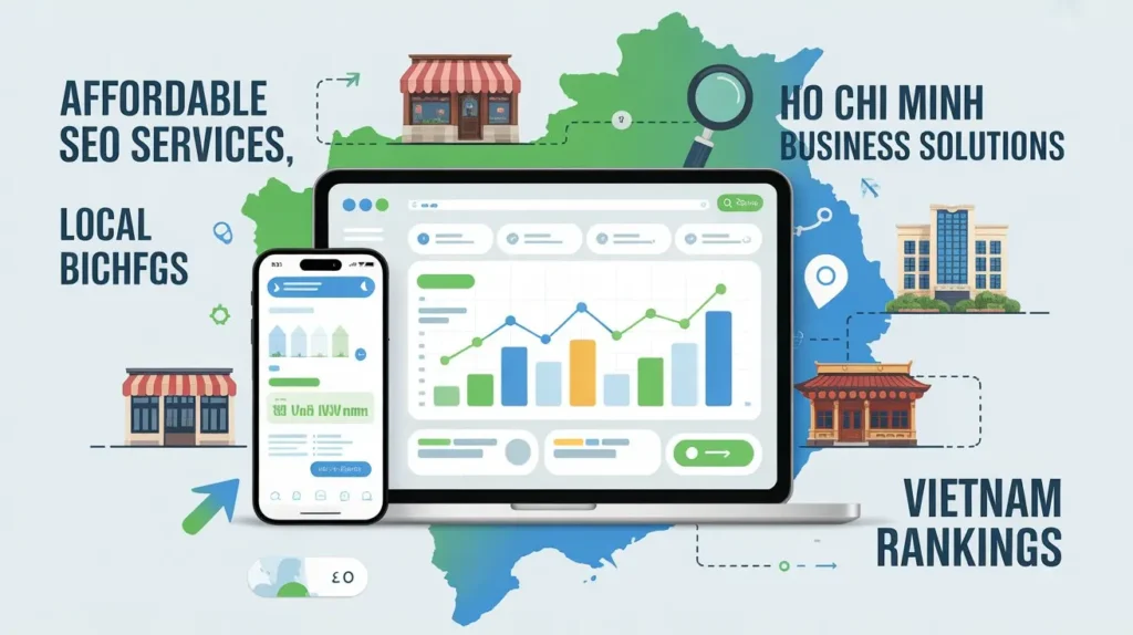 Affordable SEO services dashboard showing website analytics, rankings, and local business growth in Ho Chi Minh Vietnam
