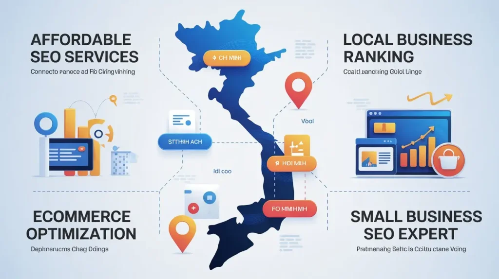 Vietnam map showing ecommerce SEO, local business ranking, and optimization services for Ho Chi Minh businesses