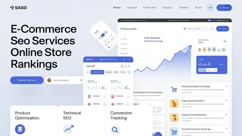 illustration of SEO services for ecommerce stores showing product optimization, keyword research, and growth strategy