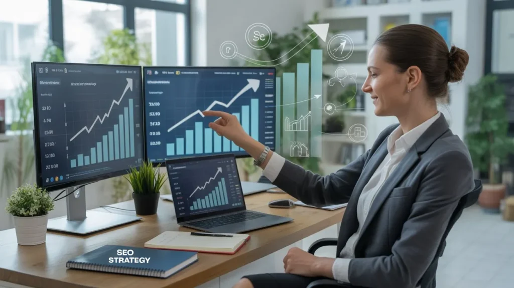 seo expert planning strategy with growth charts to increase website traffic and rankings