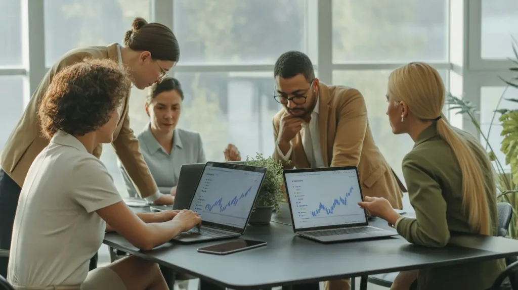 team collaboration meeting to hire seo consultant to grow website traffic using analytics dashboards