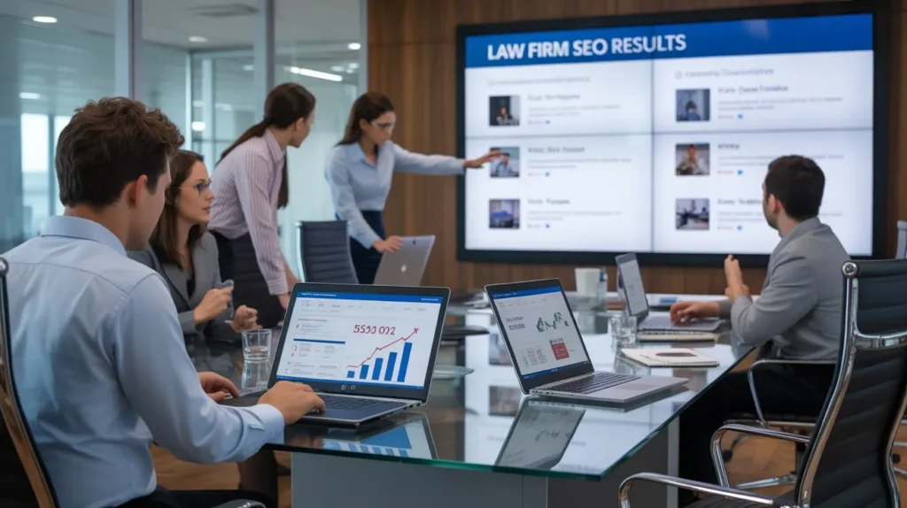 Law Firm SEO Services: Get More Clients From Google in 2026 law firm team reviewing seo results and website traffic growth presentation