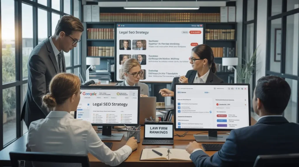 Law Firm SEO Services: Get More Clients From Google in 2026 law firm seo team discussing legal seo strategy and improving search rankings