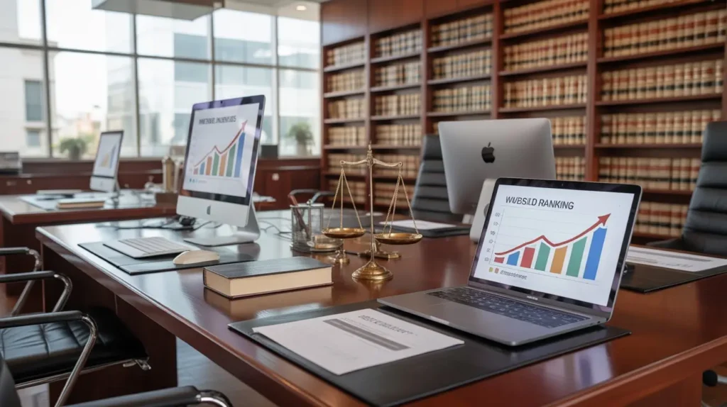 Law Firm SEO Services: Get More Clients From Google in 2026 law office workspace showing seo analytics dashboard and website ranking growth charts