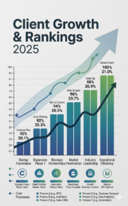 Client growth and SEO rankings 2025 infographic showing business scaling stages, performance percentages, and upward growth trend