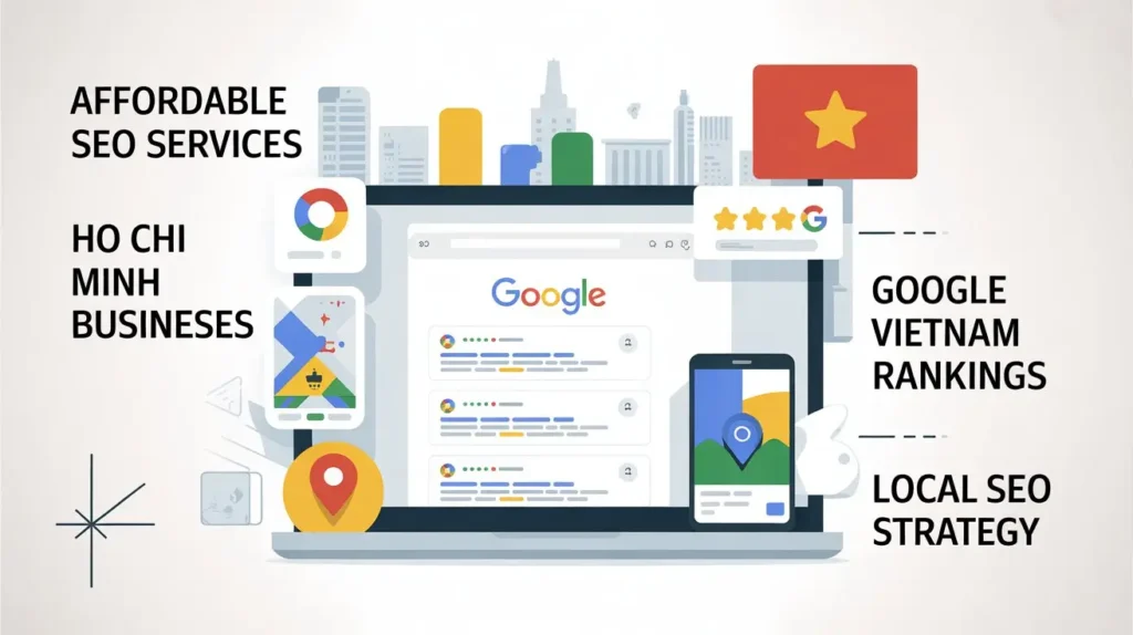 Local SEO strategy illustration showing Google search results, maps, reviews, and rankings for Ho Chi Minh businesses