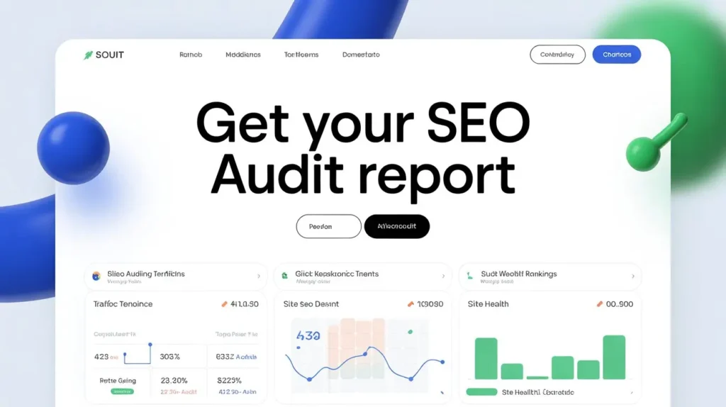 Get Your SEO Audit Report: What 150 Checks Reveal in 2026 Professional SEO audit service for website dashboard showing traffic trends, site health, and ranking insights