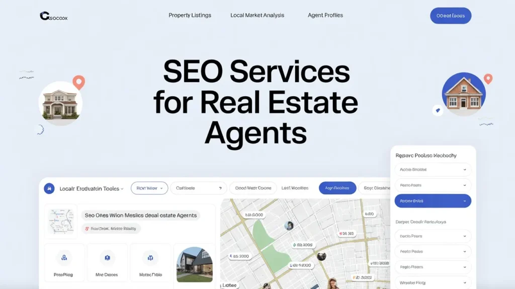 real estate seo dashboard showing property listings map and local search optimization tools