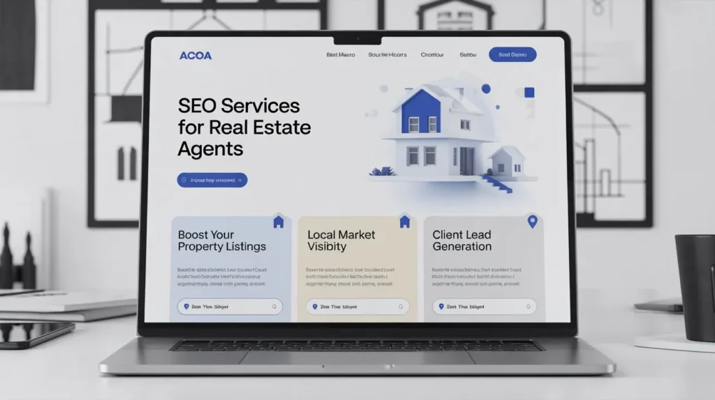 real estate seo website mockup showing lead generation and local market visibility features