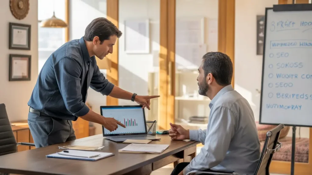 SEO Expert Lahore for Small Business: Stop Losing Clients to Competitors in 2026 SEO consultant in Lahore explaining Google ranking strategy to small business client