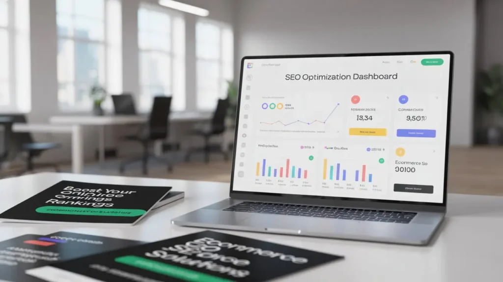 SEO optimization dashboard showing keyword rankings, traffic analytics, and performance metrics on a laptop