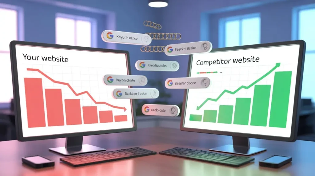 Why Does My Competitor Rank Higher on Google Than Me ,And How to Fix It in 2026 Two computer screens comparing declining website traffic and increasing competitor rankings on Google due to better SEO and backlinks