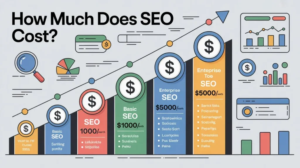 How Much Does SEO Cost in 2026 ? SEO pricing infographic showing cost breakdown, performance metrics, and search engine optimization pricing structure.