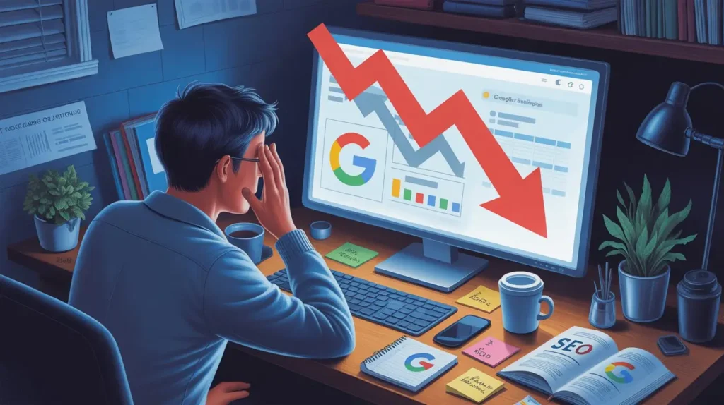 Google Ranking Dropped Overnight, Real Recovery Steps 2026 Website analytics dashboard showing ranking drop indicating a website is not showing on Google search results.