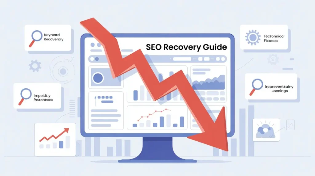 Google Ranking Dropped Overnight, Real Recovery Steps 2026 SEO dashboard with declining graph illustrating a website not showing on Google due to ranking loss.