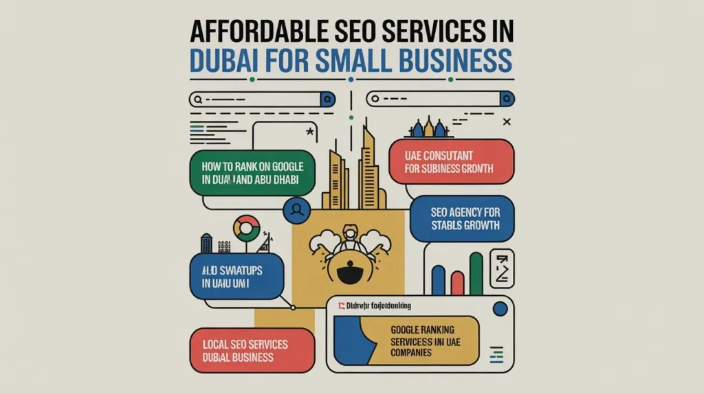 Infographic showing affordable SEO services in Dubai for small businesses and UAE startup growth