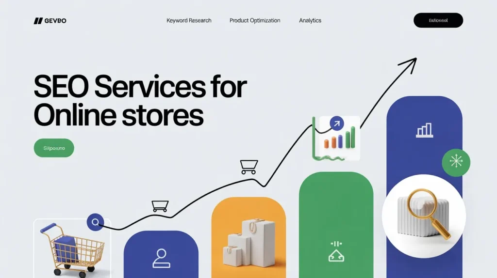 illustration of SEO services for ecommerce stores showing product optimization, keyword research, and growth strategy