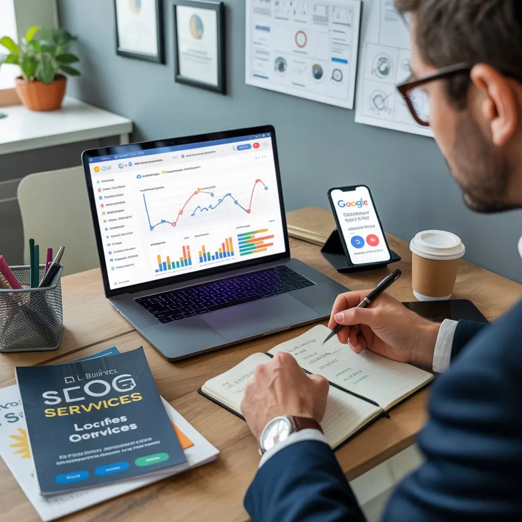 Hire SEO Expert for Small Business : Honest Guide 2026 SEO services planning with Google analytics charts and keyword strategy notes