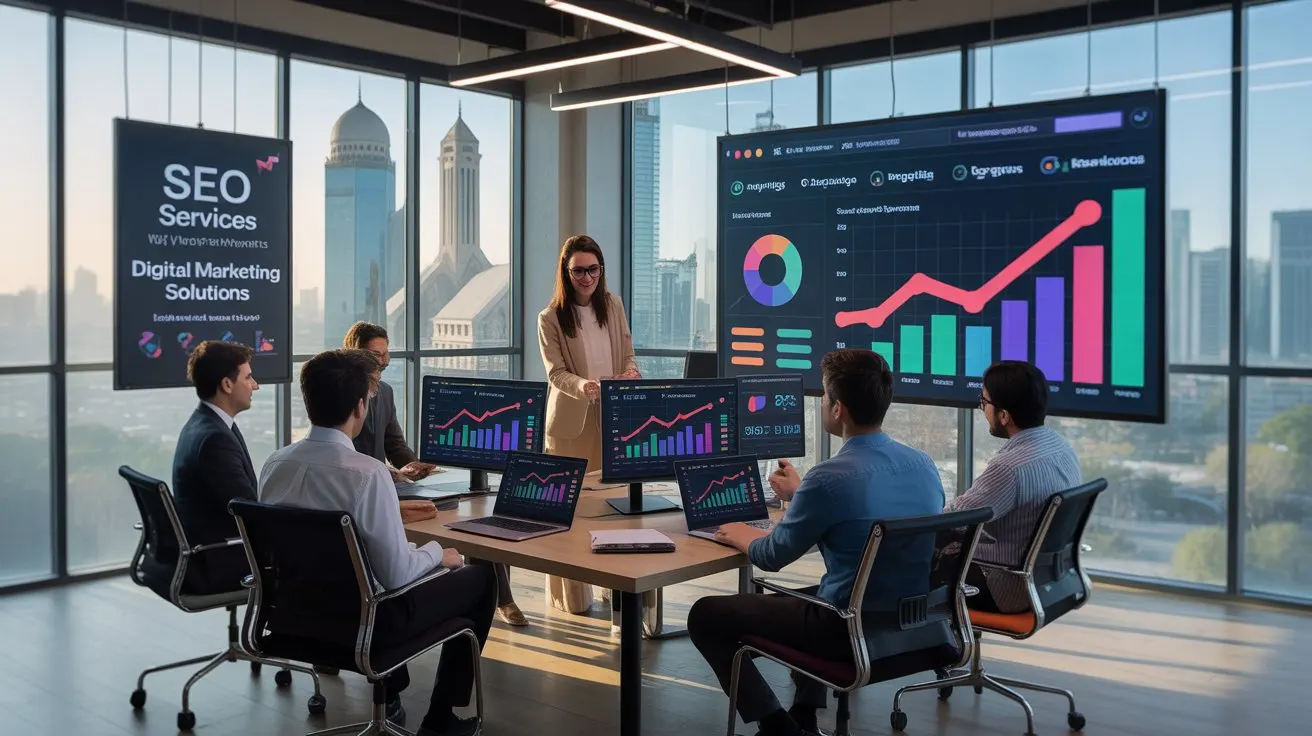 SEO services team discussing strategy with growth charts and analytics dashboard