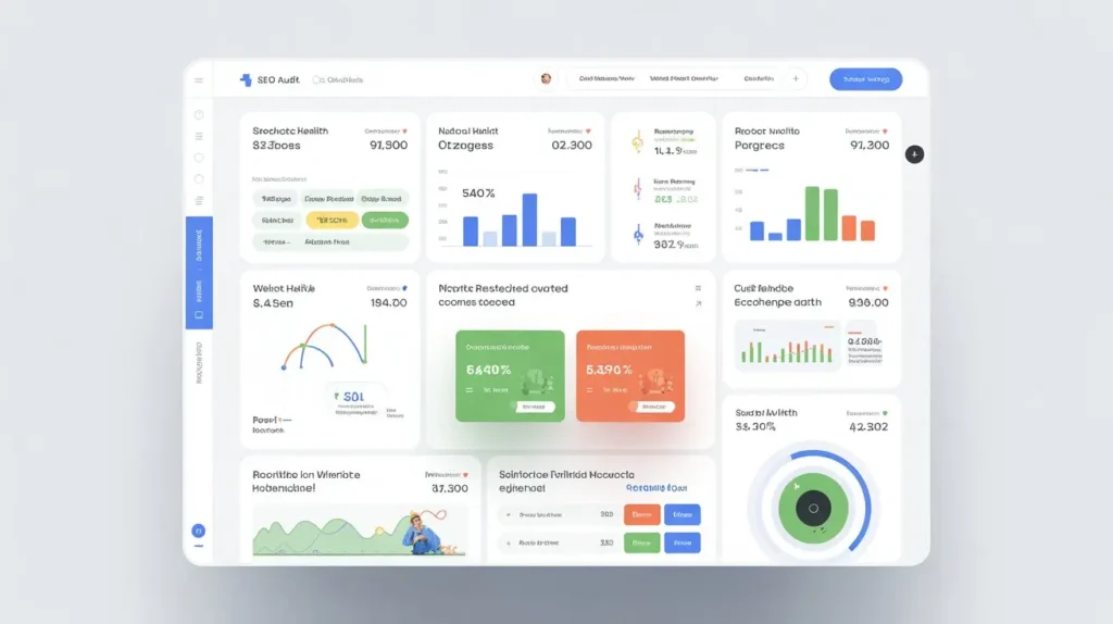 Get Your SEO Audit Report: What 150 Checks Reveal in 2026 Technical SEO audit service dashboard showing site health score, keyword data, and performance graphs