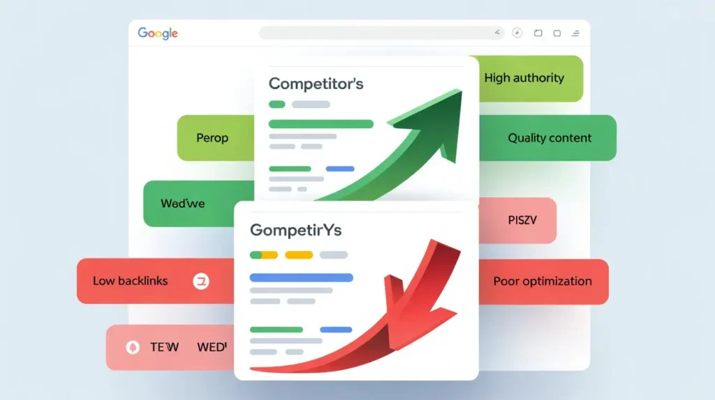 Why Does My Competitor Rank Higher on Google Than Me ,And How to Fix It in 2026 Infographic showing why my website is not ranking on Google compared to competitor with high authority, quality content, and better SEO optimization