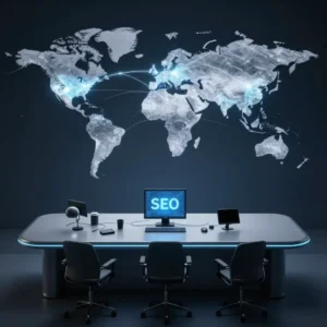 Futuristic SEO concept showing global connections with an SEO desktop interface in a dark office setting.