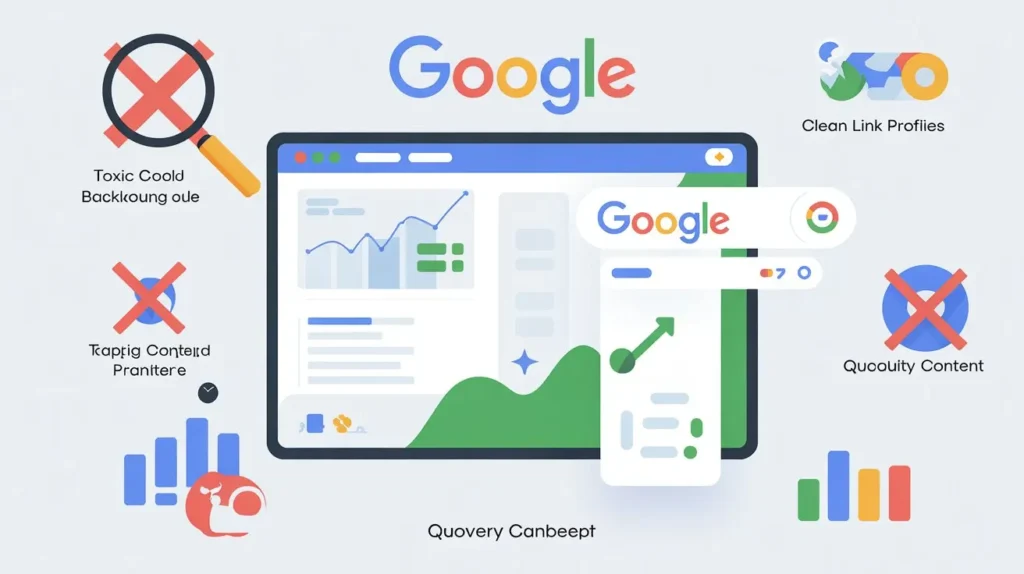 Google penalty recovery service showing toxic backlinks removal, content cleanup, and SEO recovery process