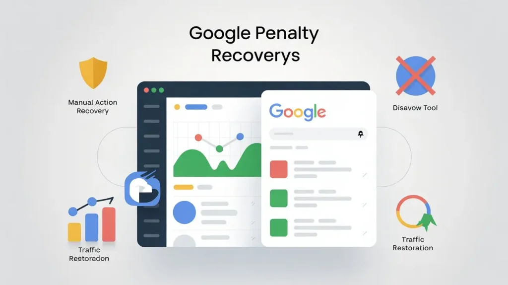 Google penalty recovery showing manual action removal and disavow tool for backlink cleanup and traffic restoration
