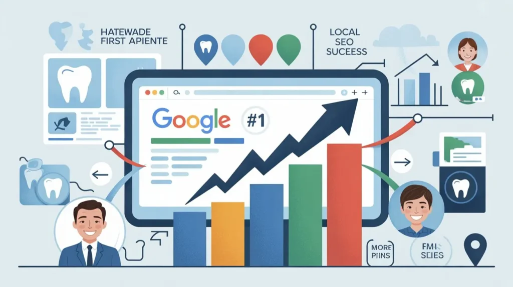Dental SEO Services: Get More Patients From Google in 2026 Google number one ranking growth chart showing SEO success for dental clinics with increasing traffic and visibility