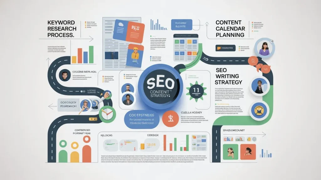 An infographic detailing the process of keyword research and content calendar planning for a new website, focusing on strategies for ranking higher in 2026.