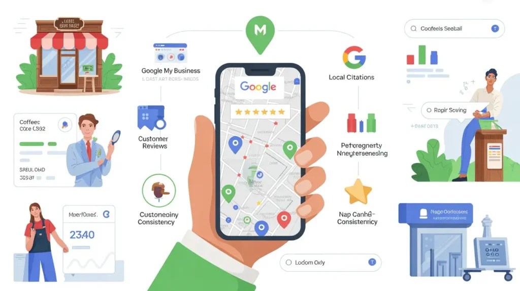 Illustration showing local SEO strategy with Google Maps, customer reviews, business listings, and citations optimization.