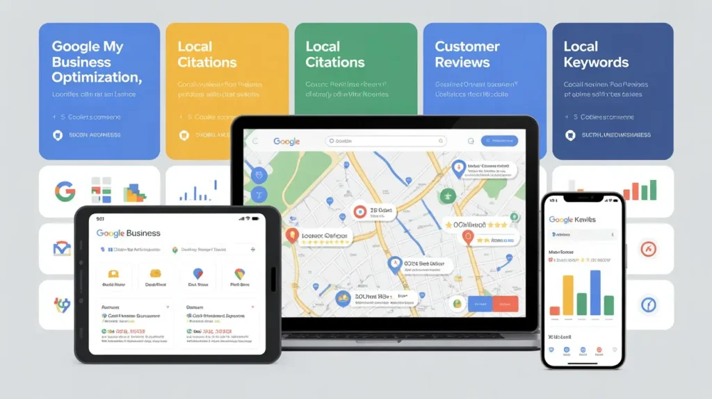 Dashboard-style illustration showing local SEO services including Google Business optimization, analytics, and keyword tracking.