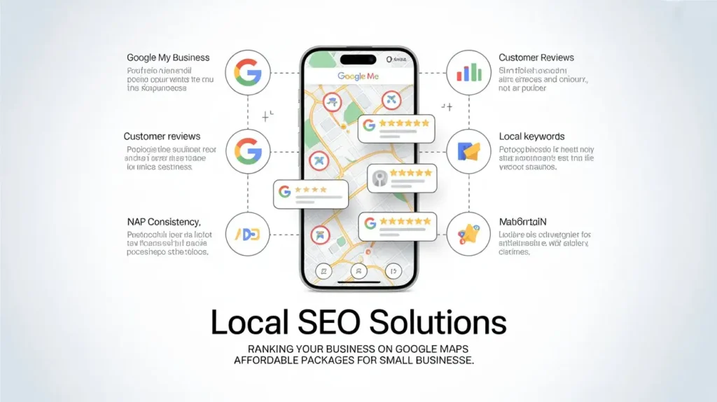 Illustration showing local SEO solutions including Google Maps ranking, keywords optimization, customer reviews, and NAP consistency.