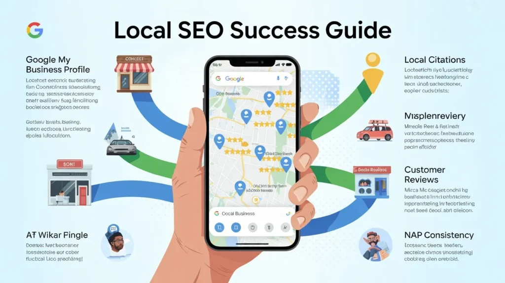 Infographic explaining local SEO success guide including Google Business Profile, reviews, citations, and NAP consistency.