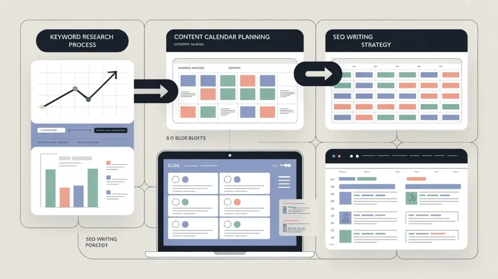 A modern infographic displaying the SEO writing strategy and content calendar planning for websites, crucial for increasing search rankings and driving more traffic in 2026.