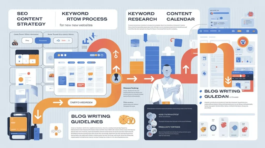 An SEO infographic illustrating the process of building content strategies, with keyword research, content calendar planning, and blog writing guidelines for new websites in 2026.