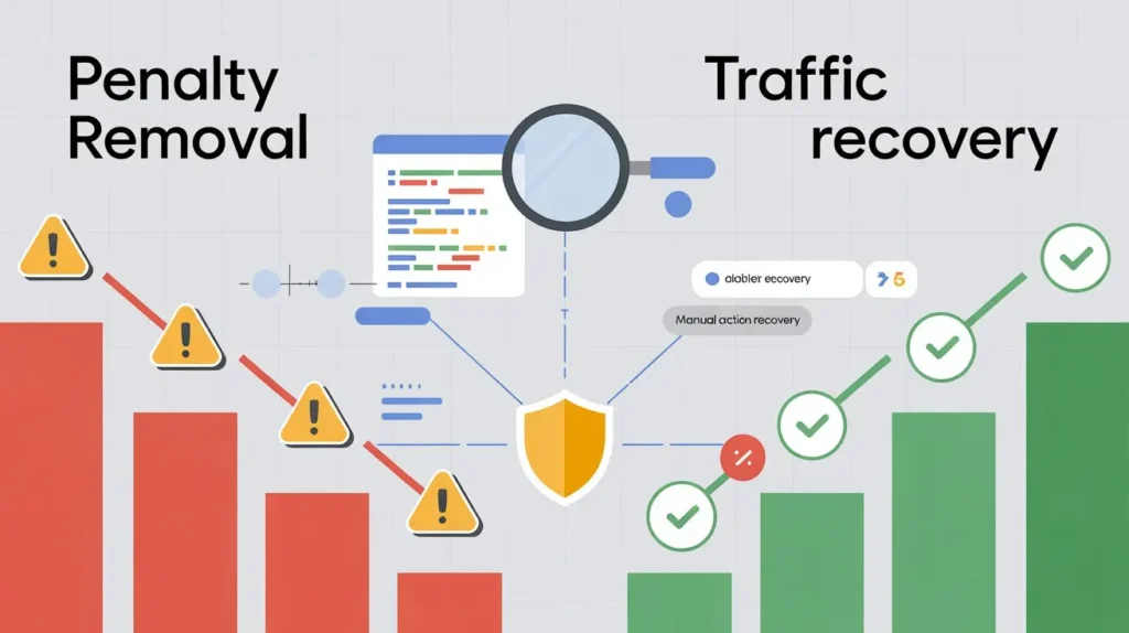 SEO penalty removal and traffic recovery comparison showing before and after results of Google penalty recovery