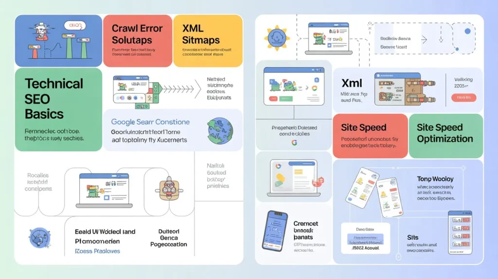 Infographic explaining technical SEO basics including crawl error solutions, XML sitemaps, Google Search Console, and site speed optimization.